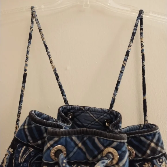 Vera Bradley Drawstring Backpack Blue Floral and Plaid Pattern - Picture 11 of 16